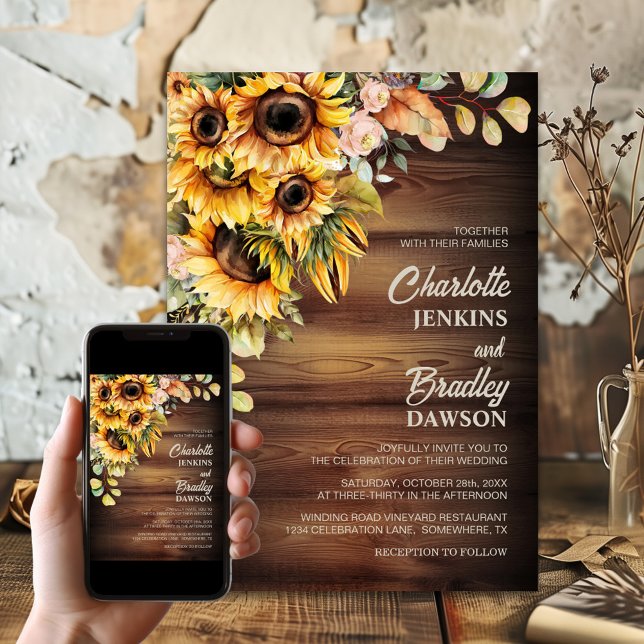Invitation Mariage rustique en bois de tournesol (Créateur téléchargé)