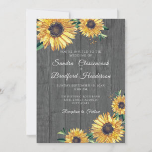 Invitation Mariage rustique en bois gris tournesol