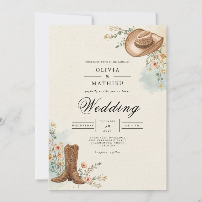 Invitation Mariage rustique en fleur de cowboy (Devant)