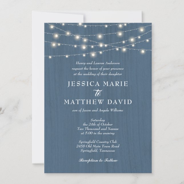 Invitation Mariage Rustique Ferme Lumières Féériques Bleu Pou (Devant)