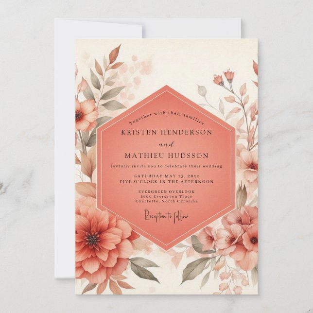 Invitation Mariage Rustique Fleur de Corail (Devant)