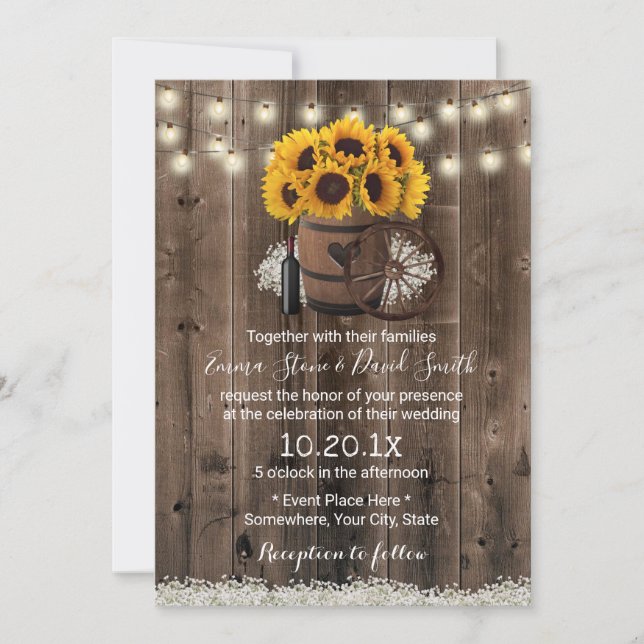 Invitation Mariage Rustique Fleur de Tournesol Tonneau de Boi (Devant)