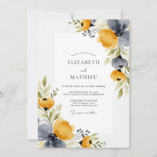 Invitation Mariage rustique floral bleu moutarde