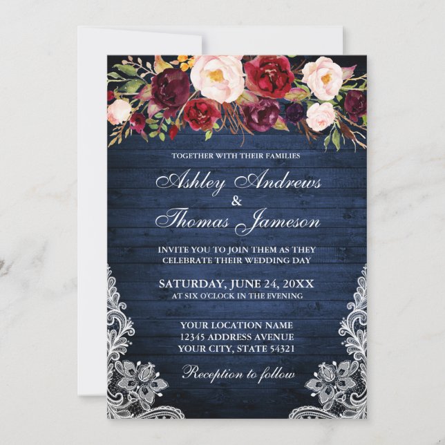 Invitation Mariage rustique Floral Blue Wood dentelle Invitat (Devant)