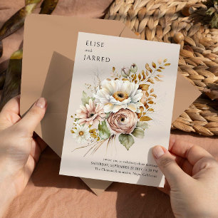 Invitation Mariage rustique floral marron neutre simple éléga