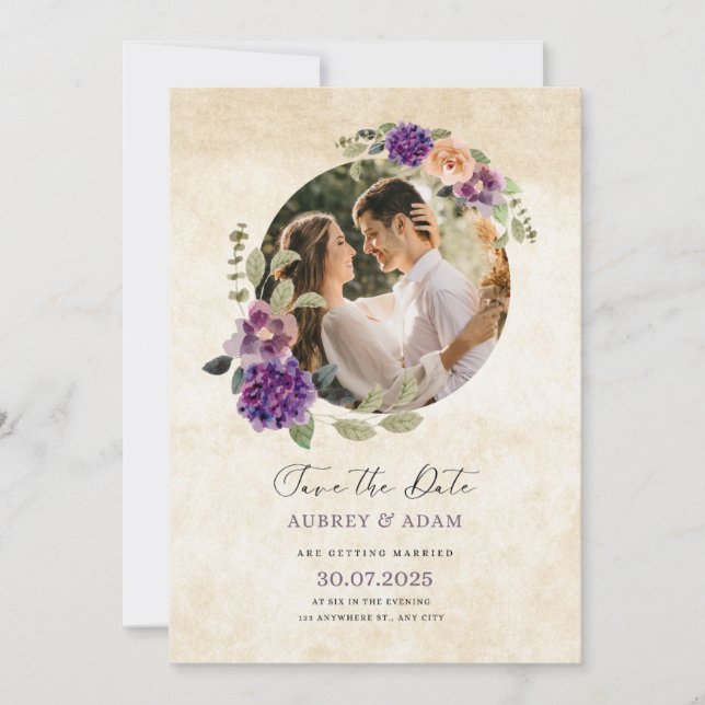 Invitation Mariage rustique floral violet et marron élégant. (Devant)