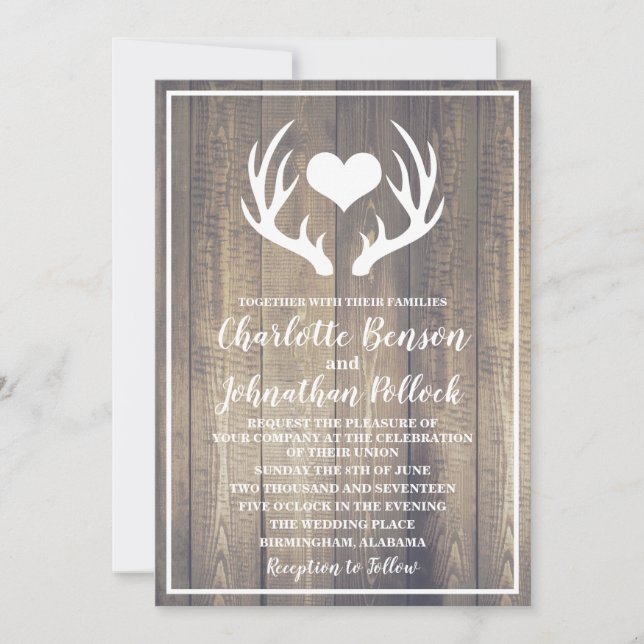 Invitation Mariage Rustique Grange Bois et Blancs Antlers (Devant)