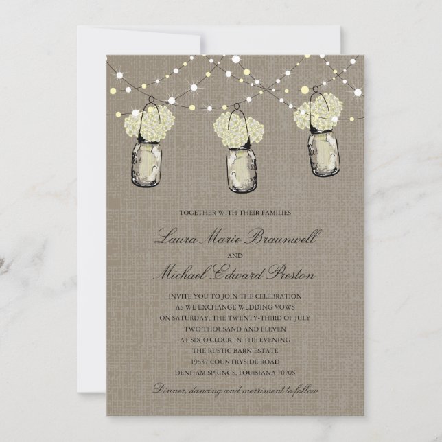 Invitation Mariage rustique Hanging Mason Jar Hydrangea (Devant)
