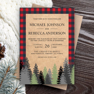 Invitation Mariage Rustique Kraft Rouge Plaid Evergreen