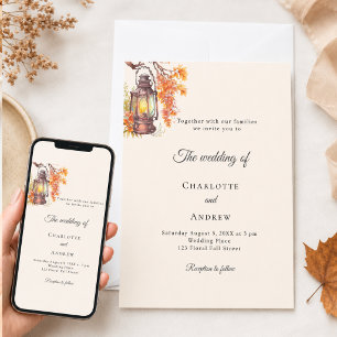 Invitation Mariage rustique lanterne florales automnales crèm