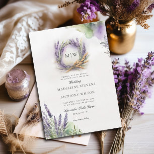 Invitation Mariage rustique Lavande Élégant Wreath Monogramme