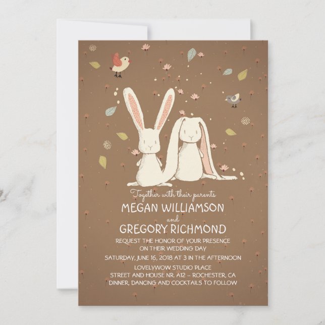 Invitation Mariage rustique mignon de région boisée de lapins (Devant)