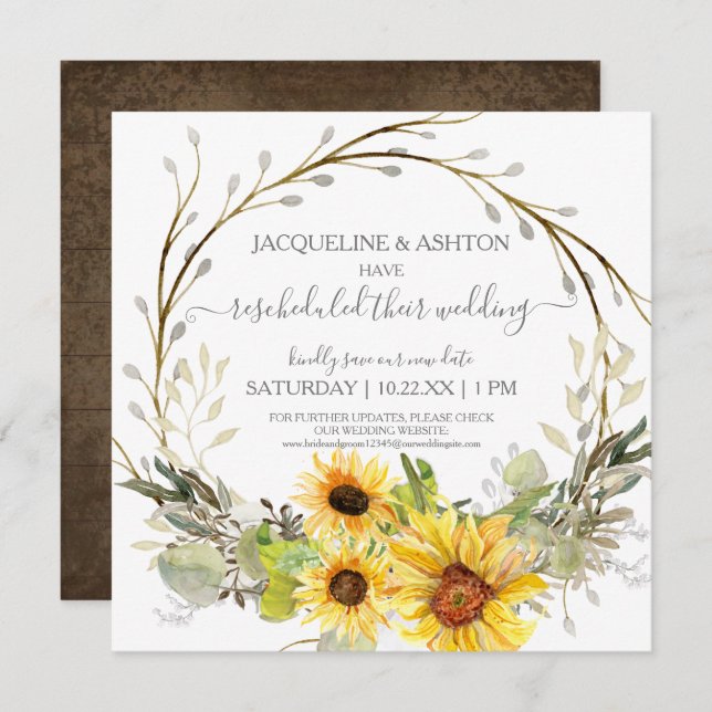Invitation Mariage rustique reprogrammé Script tournesol flor (Devant / Derrière)