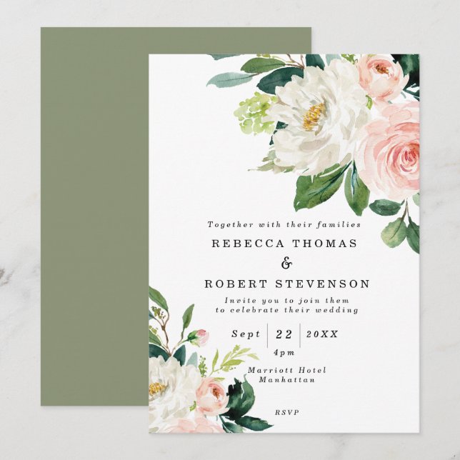 Invitation mariage rustique rose floral et de verdure de boho (Devant / Derrière)