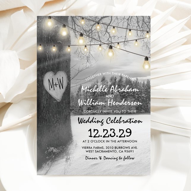 Invitation Mariage rustique Silver Winter Tree Twinkles lumiè (Créateur téléchargé)