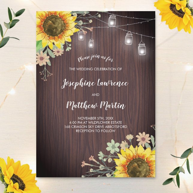 Invitation Mariage rustique Tournesol Bois Lumière (Créateur téléchargé)