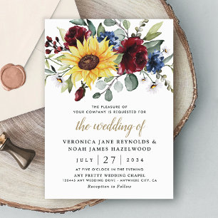 Invitation Mariage rustique Tournesol Roses de Bourgogne Bleu