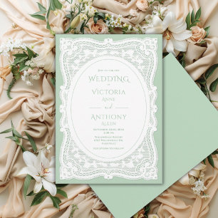 Invitation Mariage rustique vert en dentelle blanche vintage