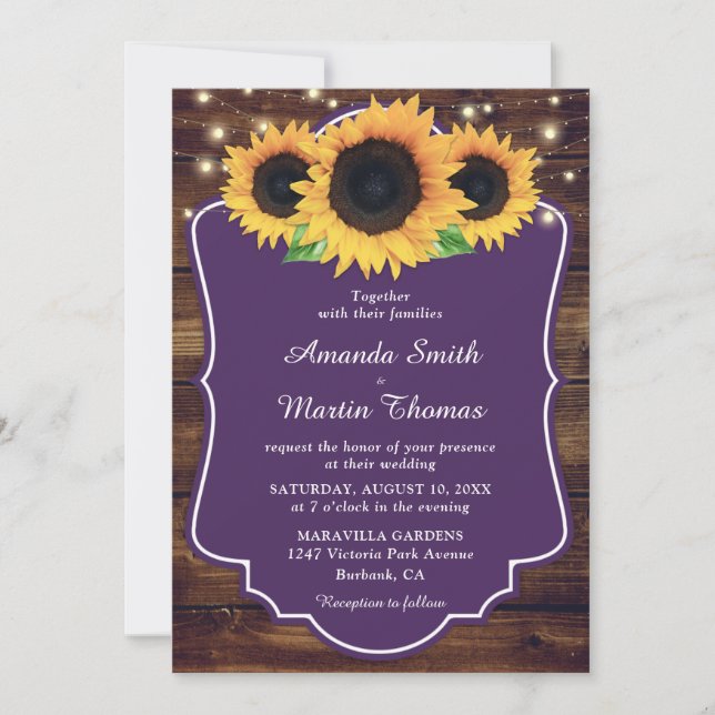 Invitation Mariage rustique violet tournesol vert (Devant)