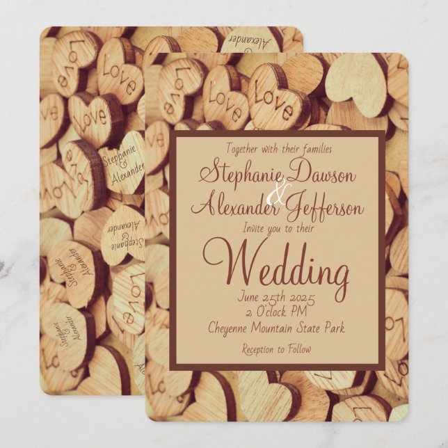 Invitation Mariage Rustique Wood Heart (Devant / Derrière)
