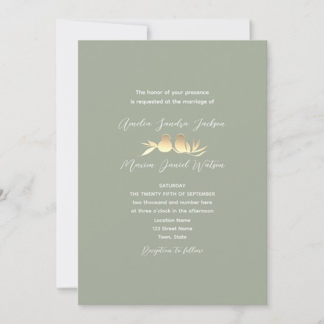 Invitation Mariage Sage Green Gold Lovebirds (Devant)