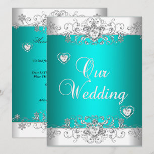 Invitation Mariage sarcelle Argent Diamant Cœurs Blancs