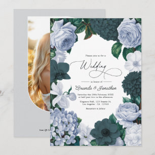 Invitation Mariage sarcelle noircie, bleu brume et blanc perl