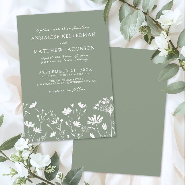 Invitation Mariage sauvage vert sauge (Wildflower Sage Green Wedding Invitation)