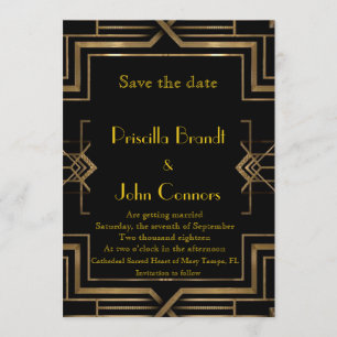 Invitation Mariage, Sauvegarder la Date, noir et or, Gatsby l
