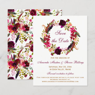 Invitation Mariage Sauvez la date - Floral Bourgogne, Plumes