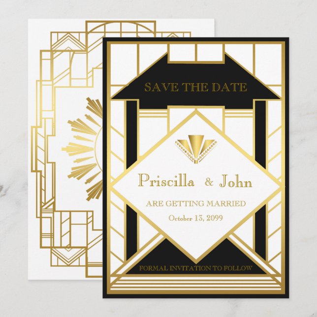 Invitation Mariage Sauvez la date, Grand Gatsby, Médaillon or (Devant / Derrière)
