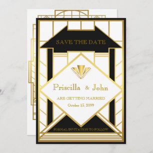 Invitation Mariage Sauvez la date, Grand Gatsby, Médaillon or