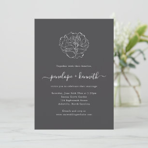 Invitation Mariage Script Ligne d'Art Pivoine Noir Charbon