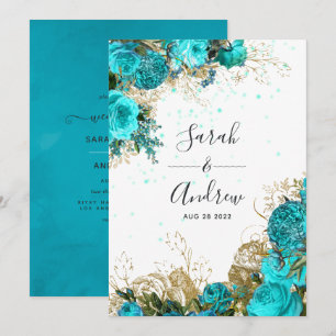 Invitation Mariage Shabby Chic Turquoise et Or Vintage