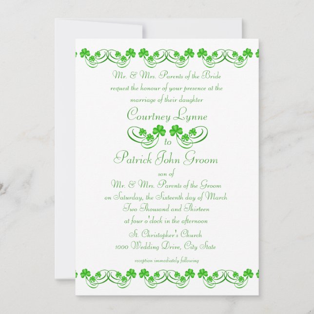 Invitation Mariage Shamrock irlandais (Devant)