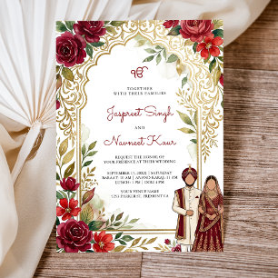 Invitation Mariage Sikh à l'Arche Florale Rouge Bourgogne et