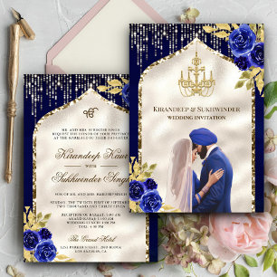 Invitation Mariage Sikh Anand Karaj bleu royal or floral