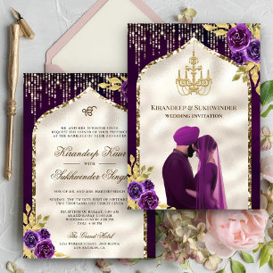 Invitation Mariage Sikh Anand Karaj Fleur Or Violet Foncé