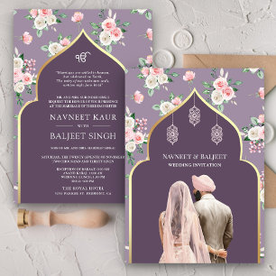 Invitation Mariage Sikh Anand Karaj Fleurs Rose Violet Poussi