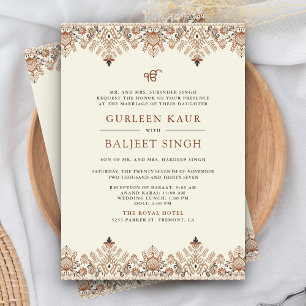 Invitation Mariage sikh Anand Karaj Ikat crème marron
