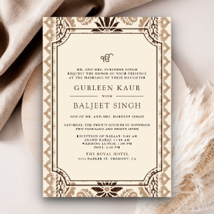 Invitation Mariage Sikh Anand Karaj Ikat Crème Marron Beige