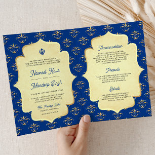 Invitation Mariage Sikh Anand Karaj Orné Or Royal Bleu Or
