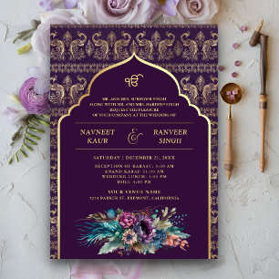 Invitation Mariage Sikh Anand Karaj Paon Or Pourpre