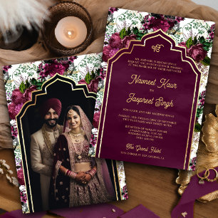 Invitation Mariage Sikh Anand Karaj Photo Floral Prune