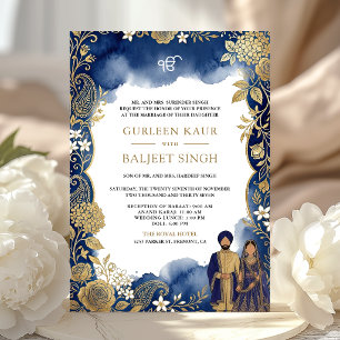 Invitation Mariage Sikh bleu royal aquarelle or paisley