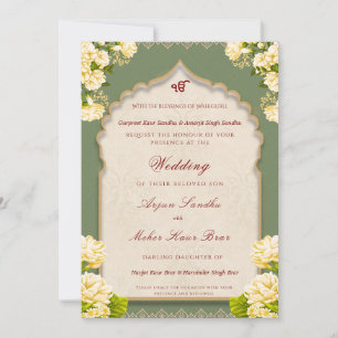 Invitation Mariage Sikh Élégant Floral Mariage Punjabi