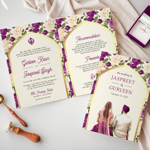 Invitation Mariage Sikh floral ivoire violet tout-en-un