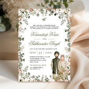 Invitation Mariage Sikh Floral Vert Olive et Rose Poussiéreus