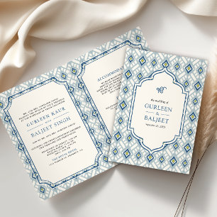 Invitation Mariage Sikh Ikat Crème Bleu Tout en Un