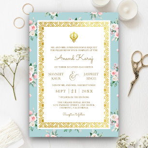 Invitation Mariage Sikh Punjabi Anand Karaj Floral Rose Bleu